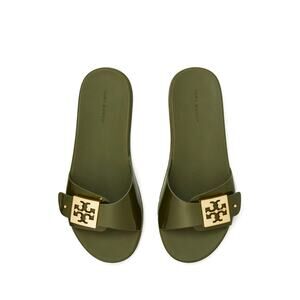 NWOT Tory Burch Glossy Buckle Slide Sandals in Dark Olive Green Size 9